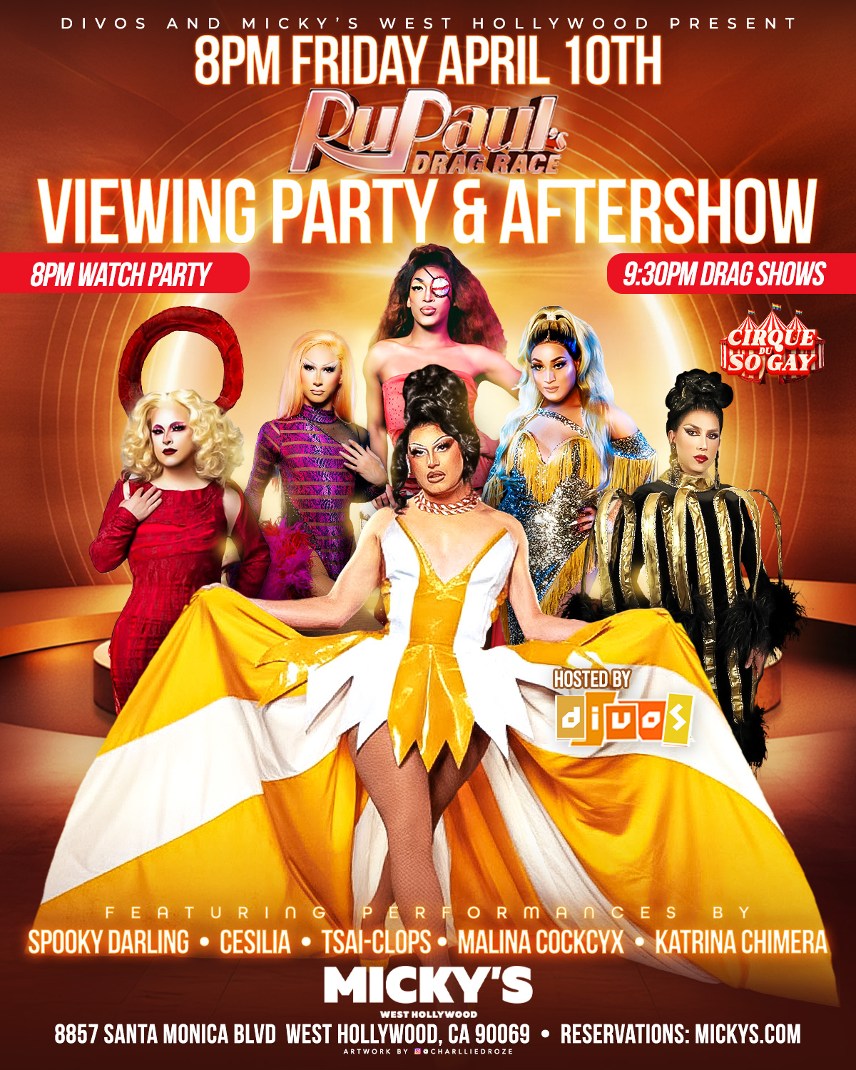 Promotional poster for RuPaul’s Drag Race Viewing Party & Aftershow at Micky’s West Hollywood on Friday, April 10 at 8PM. The design features multiple drag performers in glamorous costumes against a glowing orange background. Text highlights an 8PM watch party and 9:30PM drag shows, hosted by DJ Duo, with performances by Spooky Darling, Cesilia, Tsai-Clops, Malina Cockcyx, and Katrina Chimera. Venue address listed as 8857 Santa Monica Blvd, West Hollywood, CA 90069.