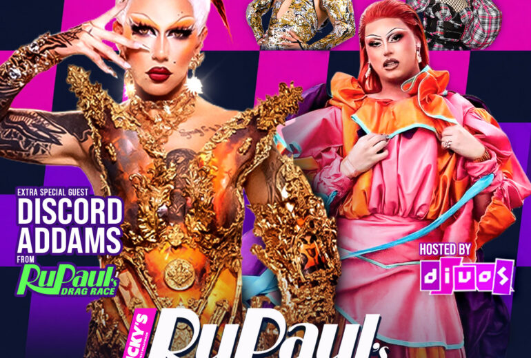 Promotional flyer for Micky’s West Hollywood RuPaul’s Drag Race All Stars Watch Party and After Party on Friday, May 8th. Features drag performers Discord Addams, Gypsy Million, Seven, Luny, and Average Lavigne, with event times listed as 7PM Meet and Greet, 8PM Watch Party, and 9:30PM Drag Shows. Bright pink, orange, and purple checkerboard background with performers in glamorous costumes.