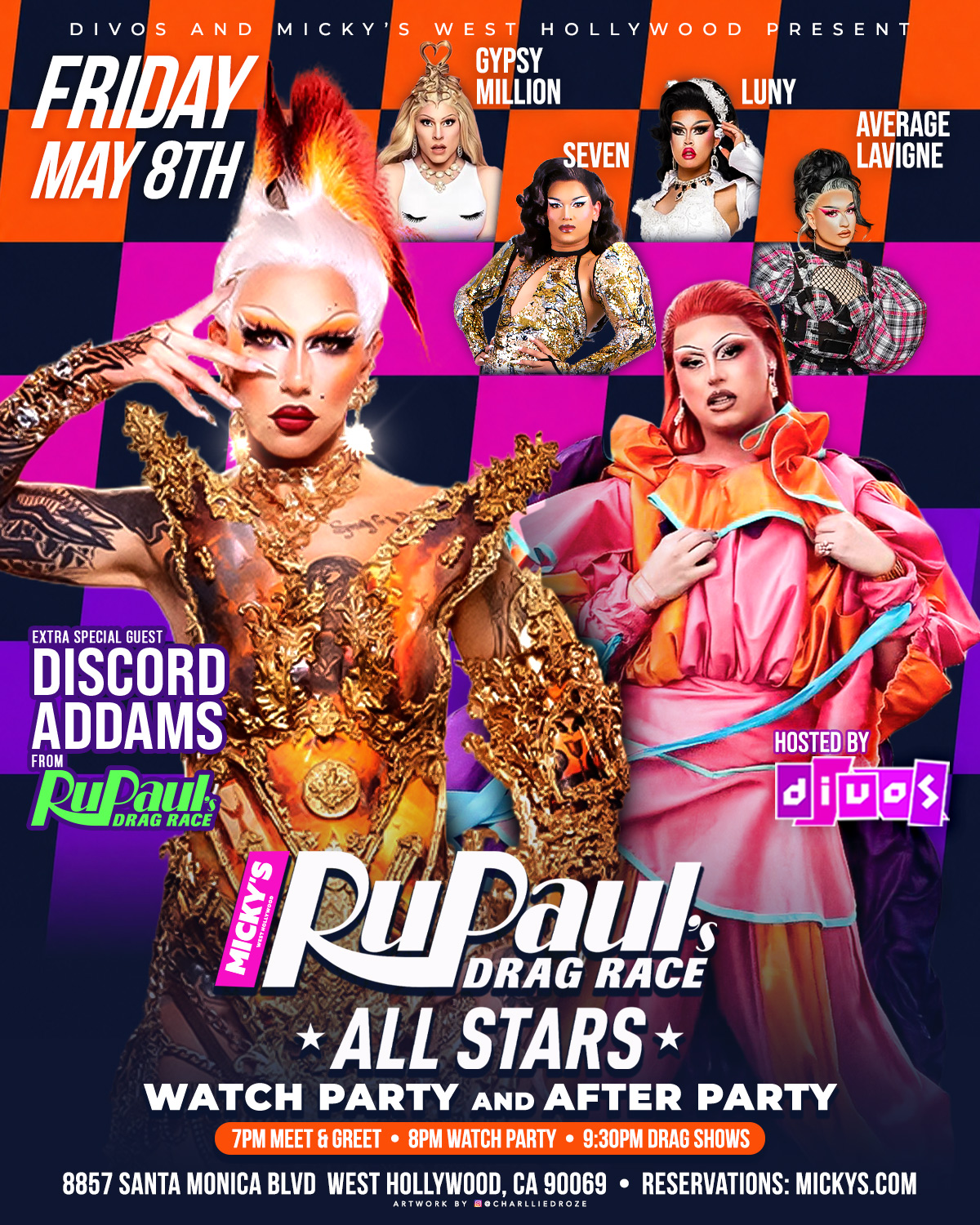 Promotional flyer for Micky’s West Hollywood RuPaul’s Drag Race All Stars Watch Party and After Party on Friday, May 8th. Features drag performers Discord Addams, Gypsy Million, Seven, Luny, and Average Lavigne, with event times listed as 7PM Meet and Greet, 8PM Watch Party, and 9:30PM Drag Shows. Bright pink, orange, and purple checkerboard background with performers in glamorous costumes.