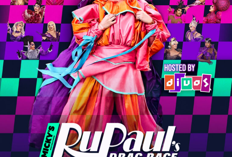 Colorful promotional poster for Micky’s West Hollywood Fridays featuring RuPaul’s Drag Race All Stars Viewing Party and After Show. Large text reads “Fridays” and “RuPaul’s Drag Race All Stars Viewing Party and After Show.” Event times listed: 7PM Meet & Greet, 8PM Watch Party, 9:30PM Drag Shows. Hosted by Divos. Address shown: 8857 Santa Monica Blvd, West Hollywood, CA 90069. Background features a vibrant checkerboard pattern with multiple drag performers and a central figure in a bold pink and orange gown.