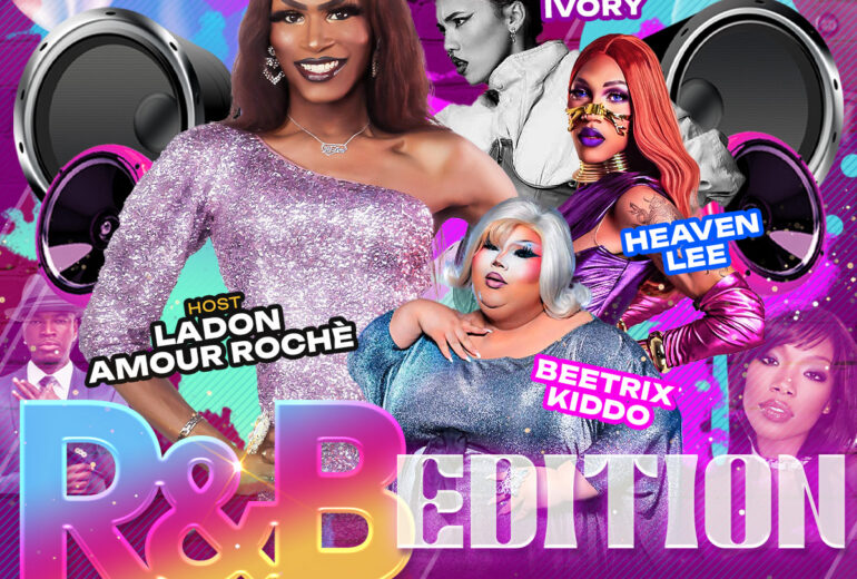 Promotional poster for Don of LaDivas Brunch: R&B Edition at Micky’s West Hollywood on Saturday, April 11th at 1PM. The design features vibrant pink and purple graphics with speakers and sparkling text. Host Ladon Amour Rochè is centered, with featured performers Ivory, Heaven Lee, and Beetrix Kiddo, plus music by DJ Paulo Ramirez. The poster highlights bottomless mimosas, reservations at Mickys.com, and the venue address at 8857 Santa Monica Blvd in West Hollywood.