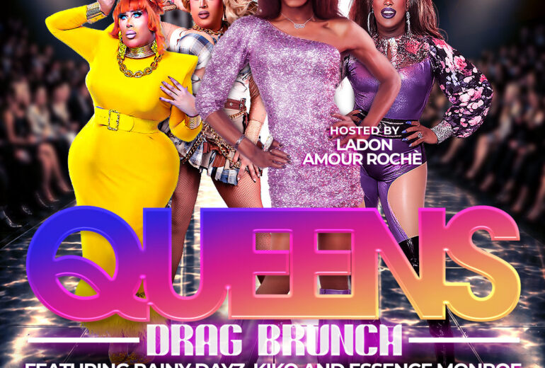 Promotional flyer for House Queens Drag Brunch at Micky’s West Hollywood on Saturday, May 2nd at 1PM. The design features four drag performers in glamorous outfits with bold neon gradient text reading “House Queens Drag Brunch.” Text highlights Host Ladon Amour Roche, performers Rainy Dayz, Kiko, and Essence Monroe, DJ Paulo Ramirez, bottomless mimosas, and the venue address 8857 Santa Monica Blvd, West Hollywood.