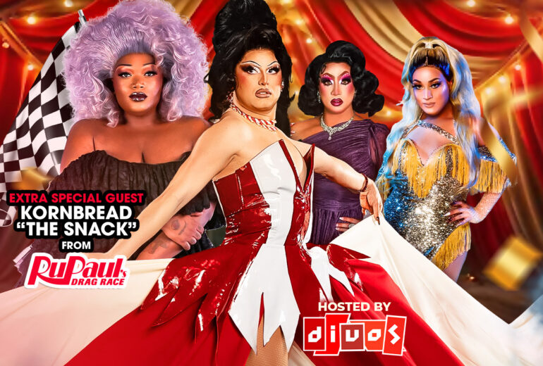 Promotional flyer for “Cirque du So Gay” at Micky’s West Hollywood on Friday, April 24th. The design features red and gold circus curtains and bold marquee-style lettering. Text reads 8PM Friday April 24th, Meet & Greets 8PM, Showtime 9PM. Extra special guest Kornbread “The Snack.” Hosted by Divos. Featuring performances by Kornbread, Jeté, Divos, Malina Cockyx, and Antonio Amor. Venue listed as 8857 Santa Monica Blvd, West Hollywood, CA 90069.