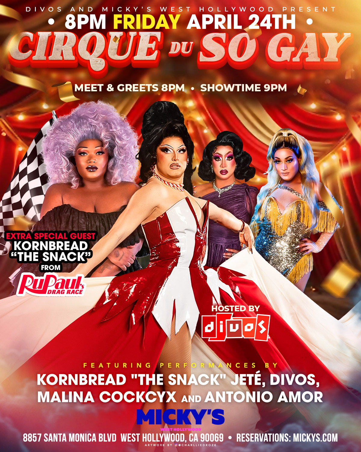 Promotional flyer for “Cirque du So Gay” at Micky’s West Hollywood on Friday, April 24th. The design features red and gold circus curtains and bold marquee-style lettering. Text reads 8PM Friday April 24th, Meet & Greets 8PM, Showtime 9PM. Extra special guest Kornbread “The Snack.” Hosted by Divos. Featuring performances by Kornbread, Jeté, Divos, Malina Cockyx, and Antonio Amor. Venue listed as 8857 Santa Monica Blvd, West Hollywood, CA 90069.