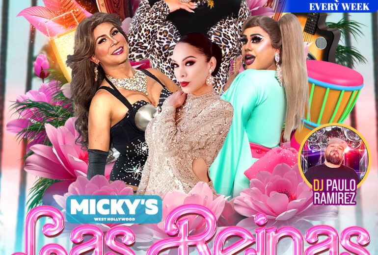 Promotional flyer for Las Reinas Latin Drag Brunch at Micky’s West Hollywood on Sunday, April 19 at 1PM. Features host Robbie Osa, performers Amazona, Melissa Prime, and Missy Vee, and DJ Paulo Ramirez. Text highlights bottomless drink options, perfect for big groups, and new drag queens every week. Tropical design with pink flowers, a toucan, drums, cocktails, and glamorous drag performers in vibrant attire.