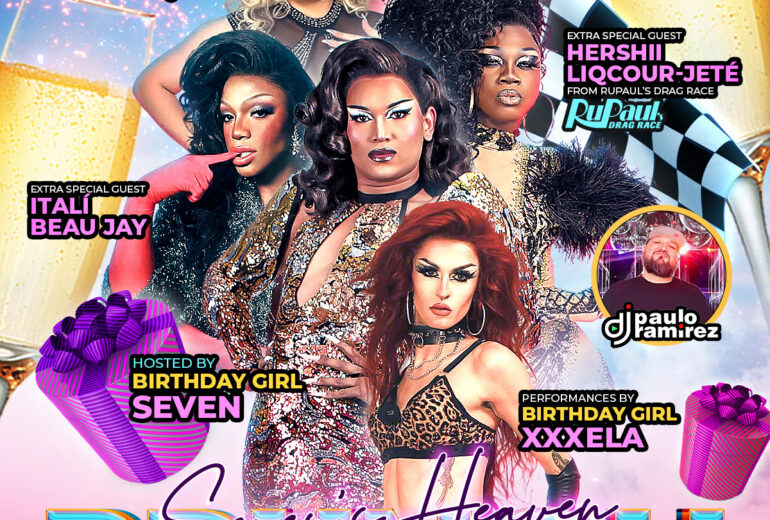 Promotional flyer for Seven’s Heaven Brunch at Micky’s West Hollywood on Saturday, April 25 at 1 PM. The design features multiple drag performers in glamorous outfits against a pastel sky with champagne glasses. Text includes performances by Vicky On The Rocks, Alexander The Queen, Birthday Girl XXXela, extra special guests Hershii Liquour-Jeté from RuPaul’s Drag Race and Itaii Beaujay, music by DJ Paulo Ramirez, and hosted by Birthday Girl Seven. Venue listed as 8857 Santa Monica Blvd, West Hollywood, CA.