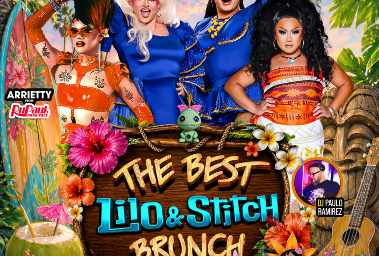 Colorful tropical flyer for The Best Lilo & Stitch Brunch at Micky’s West Hollywood on Saturday, May 9th at 1PM. Features drag performers Acacia Forgot, Divos, Arrietty, and Jada Slayy in vibrant island-inspired looks, with DJ Paulo Ramirez. Decor includes palm trees, flowers, surfboards, tiki elements, and cartoon-style Lilo and Stitch characters. Address listed as 8857 Santa Monica Blvd, West Hollywood, CA 90069.