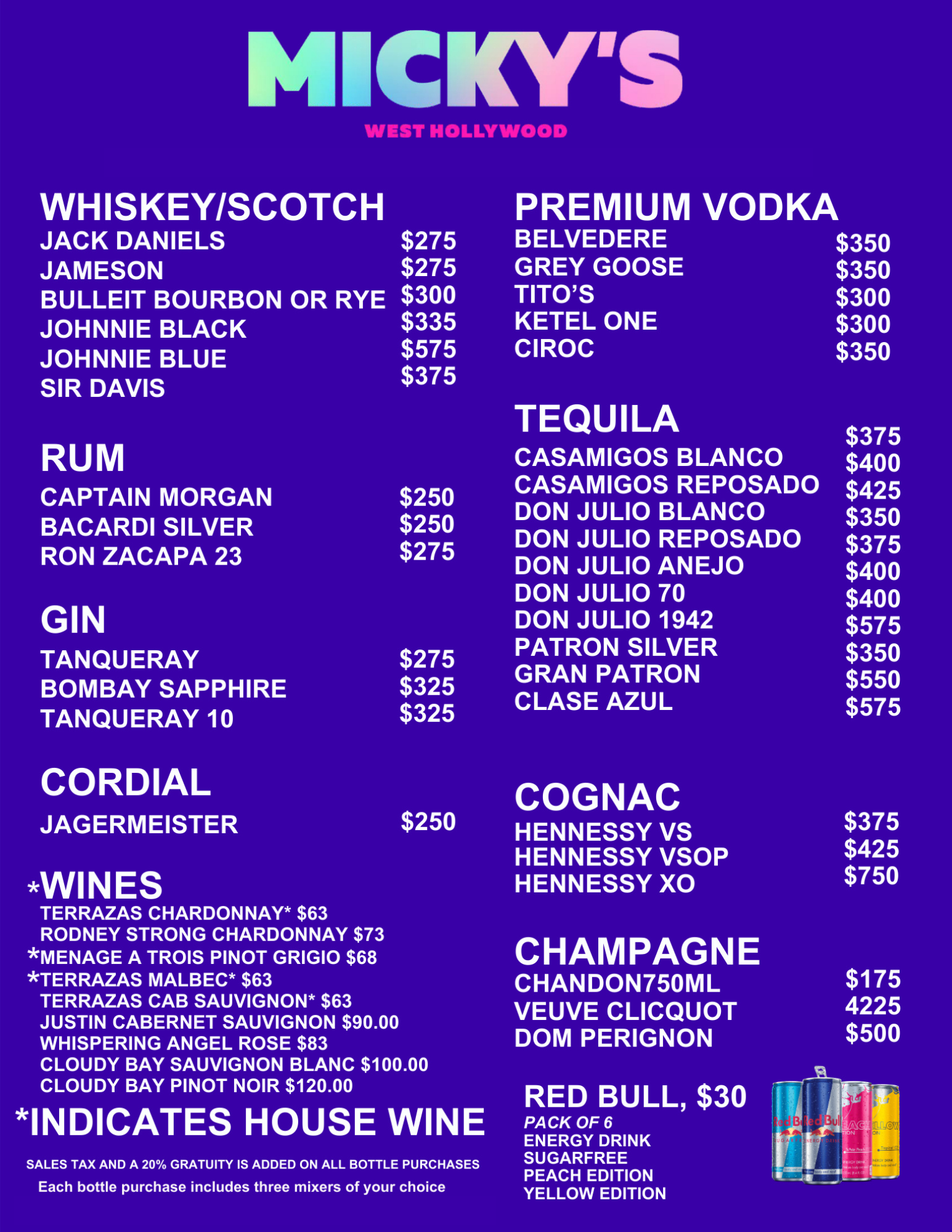Mickys April 2026 bottle service menu - full text version below.