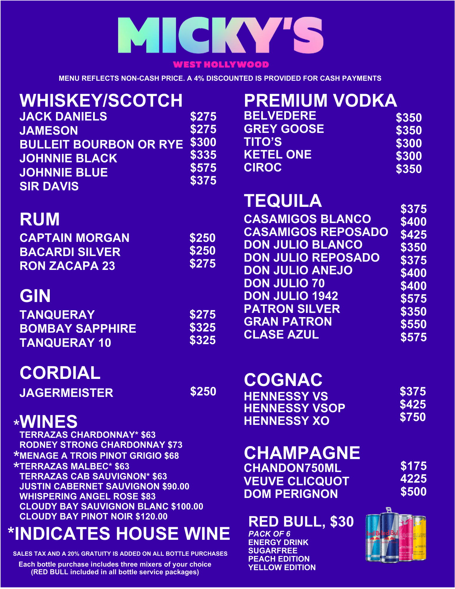 Mickys January 2026 bottle service menu - full text version below.