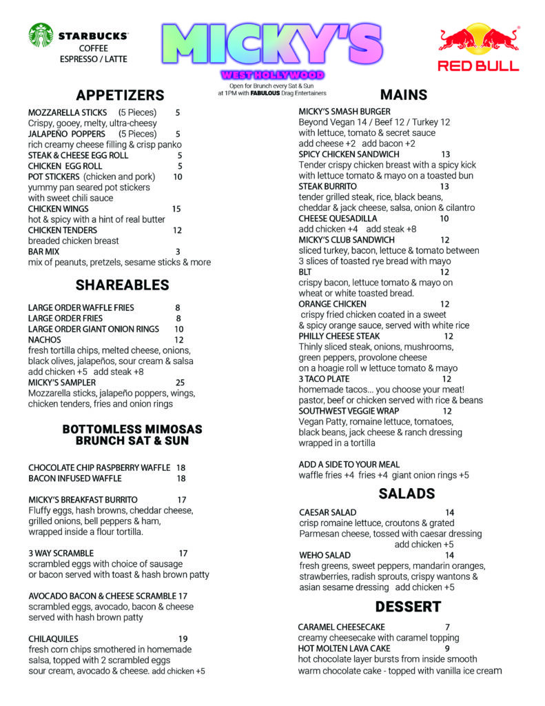 Mickys March 2026 food menu - full text version below.