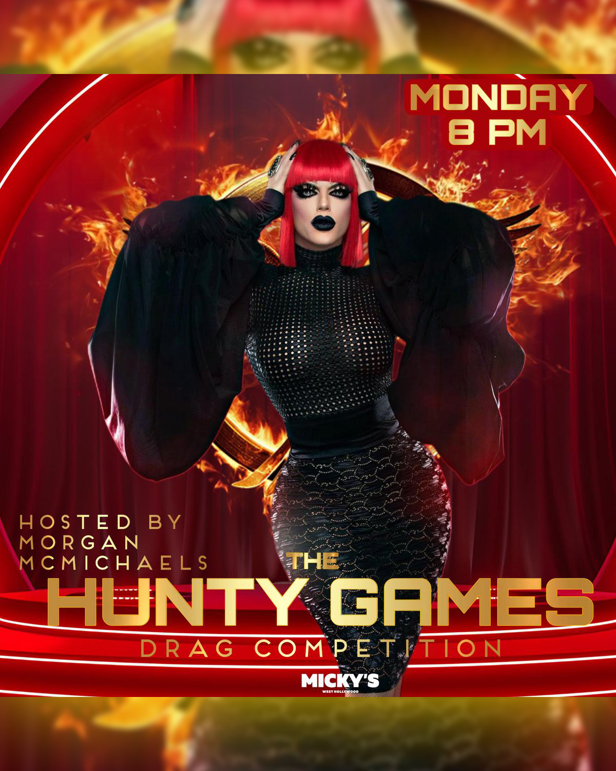 Promotional poster for The Hunty Games Drag Competition at Micky’s West Hollywood featuring a drag performer with bright red hair and black outfit posing in front of flames. Text reads “Monday 8 PM,” “Hosted by Morgan McMichaels,” and “The Hunty Games Drag Competition,” with Micky’s West Hollywood logo at the bottom.
