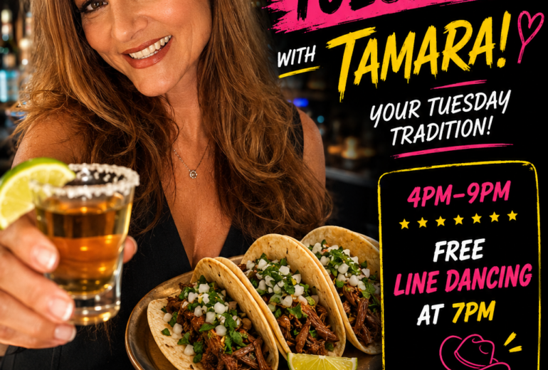 Promotional poster for Micky’s West Hollywood featuring $1 Tacos Tuesdays with Tamara. Text highlights $1 tacos from 4PM–9PM, $5 house tequila shots all night, and free line dancing at 7PM. Bright black, pink, and yellow design with tacos, tequila shots, and a Western boot graphic.