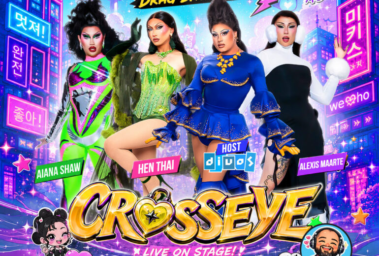Colorful promotional poster for Divos Presents The Best K-Pop Drag Brunch at Micky’s West Hollywood on Saturday, May 23 at 1PM. The design features four drag performers—Aiana Shaw, Hen Thai, host Divos, and Alexis Maarte—posing in bold neon outfits against a vibrant K-pop cityscape. Text highlights CROSSEYE live on stage, bottomless mimosas, brunch, drag, K-pop, and DJ Paulo Ramirez. Location listed as 8857 Santa Monica Blvd, West Hollywood, CA.