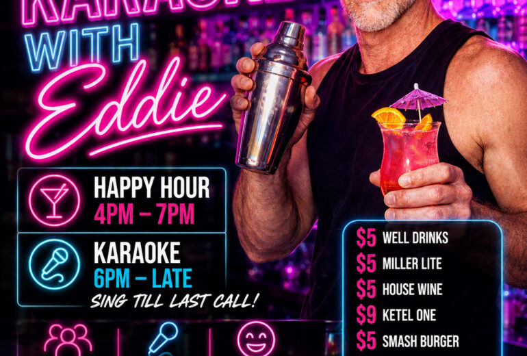 Neon promotional flyer for Karaoke with Eddie at Micky’s West Hollywood featuring pink and blue glowing text. Details include Happy Hour 4PM–7PM, Karaoke 6PM–Late, $5 well drinks, $5 Miller Lite, $5 house wine, $9 Ketel One, and $5 food specials. Text reads ‘No Cover, Just Good Vibes’ and lists the address 8857 Santa Monica Blvd, West Hollywood, CA 90069.