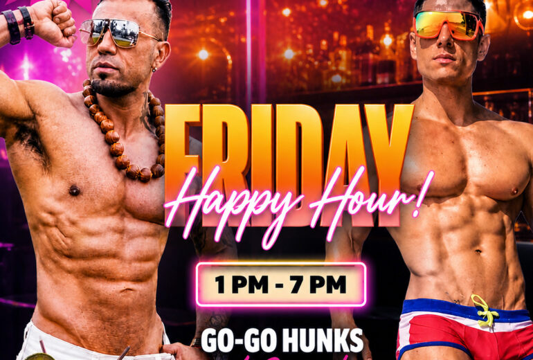 Promotional flyer for Micky’s WeHo Friday Happy Hour featuring two shirtless male go-go dancers in sunglasses standing in a neon-lit bar setting. Text reads: “Micky’s WeHo $5 Wine & Wells Friday Happy Hour! 1 PM – 7 PM. Go-Go Hunks at 3 PM.” Bright pink and orange neon design with cocktail drinks pictured at the bottom.