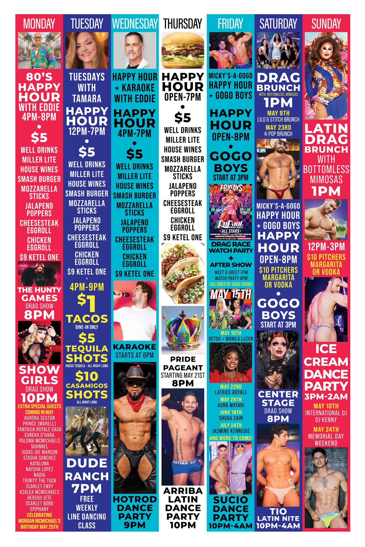 Colorful weekly event flyer for Micky’s West Hollywood showing Wednesday promotion: Happy Hour + Karaoke with Eddie. Happy Hour 4PM–7PM, Karaoke starts at 6PM. $5 well drinks, Miller Lite, house wines, smash burger, mozzarella sticks, jalapeño poppers, cheesesteak eggroll, chicken eggroll, and $9 Ketel One.