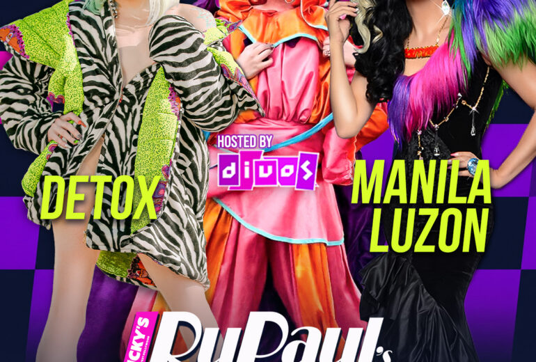 Promotional poster for RuPaul’s Drag Race All Stars Watch Party and After Party at Micky’s West Hollywood on Friday, May 15 at 8PM. Features Detox and Manila Luzon with text noting 7PM Meet & Greet, 8PM Watch Party, and 9:30PM Drag Shows. Bright orange and purple checkerboard background with bold neon-style lettering and event details including the venue address on Santa Monica Boulevard in West Hollywood.