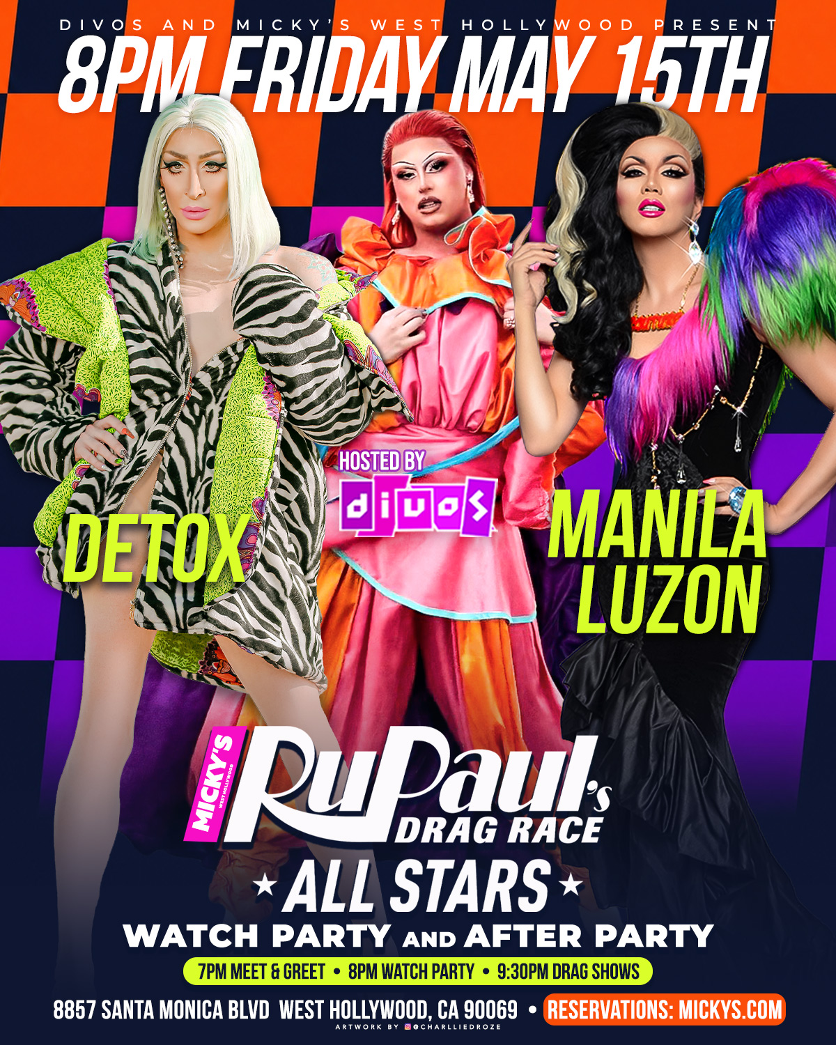 Promotional poster for RuPaul’s Drag Race All Stars Watch Party and After Party at Micky’s West Hollywood on Friday, May 15 at 8PM. Features Detox and Manila Luzon with text noting 7PM Meet & Greet, 8PM Watch Party, and 9:30PM Drag Shows. Bright orange and purple checkerboard background with bold neon-style lettering and event details including the venue address on Santa Monica Boulevard in West Hollywood.