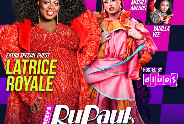 Colorful promotional flyer for Micky’s West Hollywood RuPaul’s Drag Race All Stars Watch Party and After Party on Friday, May 22 at 8PM. The design features bold orange and purple checkered background with images of Latrice Royale in a red gown, and performers Missile Aaneous and Vanilla Vee. Text highlights: 7PM Meet & Greet, 8PM Watch Party, 9:30PM Drag Shows, hosted by Divos, at 8857 Santa Monica Blvd, West Hollywood, CA.