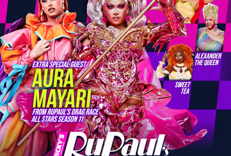 Colorful promotional poster for RuPaul’s Drag Race All Stars Watch Party at Micky’s West Hollywood on Friday, May 29th at 8PM. Features special guest Aura Mayari with additional performers Thai Teaze, Alexander The Queen, and Sweet Tea, hosted by Divos. Text includes 7PM Meet & Greet, 8PM Watch Party, 9:30PM Drag Shows, and venue address 8857 Santa Monica Blvd, West Hollywood, CA.