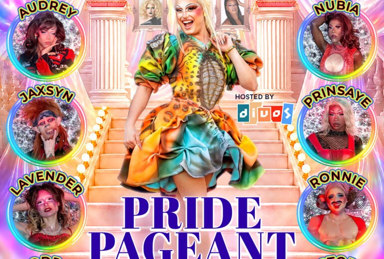 Colorful promotional flyer for Pride Pageant at Micky’s West Hollywood featuring a central drag performer in a vibrant rainbow dress standing on grand steps, surrounded by circular portraits of contestants Ashlayy, Audrey, Jaxsyn, Lavender, Melodrama, Meta, Nubia, Prinsaye, Ronnie, and Victoria. Text reads “Come cheer on your favorite every Thursday at 8PM,” with $100 weekly prize and $500 grand prize. Venue listed as 8857 Santa Monica Blvd, West Hollywood, CA 90069.