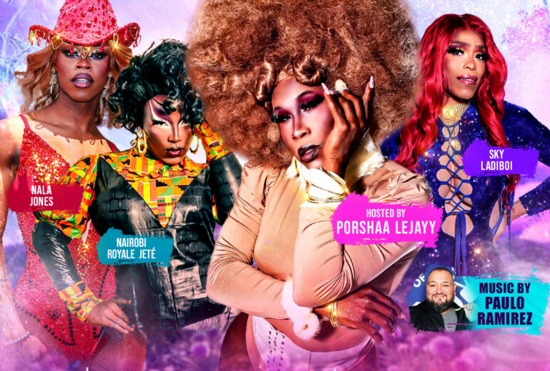 Promotional flyer for Porshaa's Porch Drag Brunch at Micky’s West Hollywood on Saturday, May 16 at 1 PM. Hosted by Porshaa Lejayy with performances by Nala Jones, Nairobi Royale Jeté, and Sky Ladiboi, plus music by DJ Paulo Ramirez. The design features vibrant pink and purple clouds, bold neon-style lettering, and photos of the performers in glamorous drag looks. Highlights include bottomless mimosas or margaritas and VIP tables.