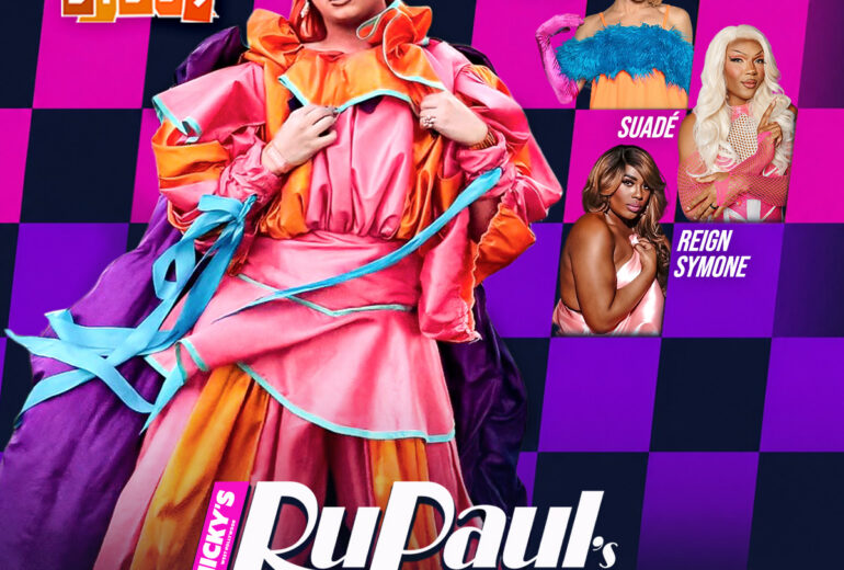 Promotional flyer for Micky’s West Hollywood RuPaul’s Drag Race All Stars Watch Party and After Party on Friday, June 12 at 8PM. Text includes 7PM Meet & Greet, 8PM Watch Party, and 9:30PM Drag Shows at 8857 Santa Monica Blvd, West Hollywood, CA. Hosted by Divos with performances by Missile Aneeous, Suadé, and Reign Symone. The design features a bold pink, purple, and orange checkered background with large images of the drag performers.