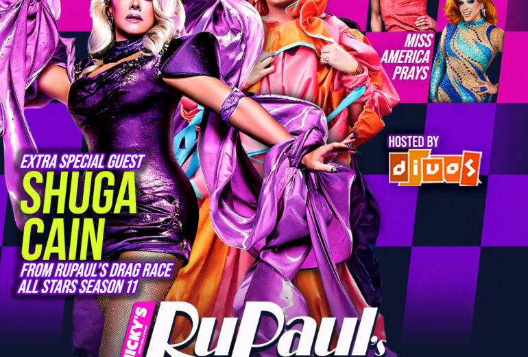 Promotional flyer for Micky’s West Hollywood RuPaul’s Drag Race All Stars Watch Party on Friday, June 19 at 8 PM. Features Shuga Cain as special guest with performances by Missile A. Neous and Miss America Prays, hosted by Divos. Event includes 7 PM meet and greet, 8 PM watch party, and 9:30 PM drag shows. Bright pink, purple, and orange checkered design with photos of the performers.