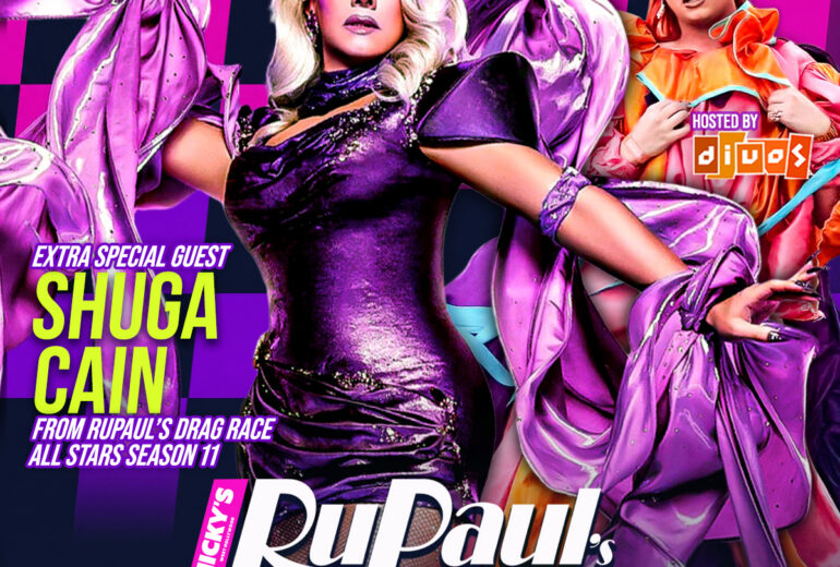 Promotional poster for Micky’s West Hollywood RuPaul’s Drag Race All Stars Watch Party on Friday, June 19th. The design features bold orange and purple checkerboard graphics with large text reading “8PM Friday June 19th.” Shuga Cain is highlighted as the extra special guest, with mention of a 7PM meet and greet, 8PM watch party, and 9:30PM drag shows. Hosted by Divos. Address listed as 8857 Santa Monica Blvd, West Hollywood, CA 90069.