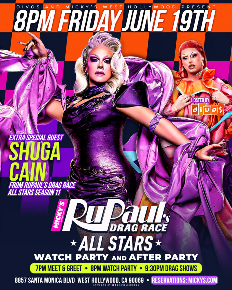 Promotional poster for Micky’s West Hollywood RuPaul’s Drag Race All Stars Watch Party on Friday, June 19th. The design features bold orange and purple checkerboard graphics with large text reading “8PM Friday June 19th.” Shuga Cain is highlighted as the extra special guest, with mention of a 7PM meet and greet, 8PM watch party, and 9:30PM drag shows. Hosted by Divos. Address listed as 8857 Santa Monica Blvd, West Hollywood, CA 90069.