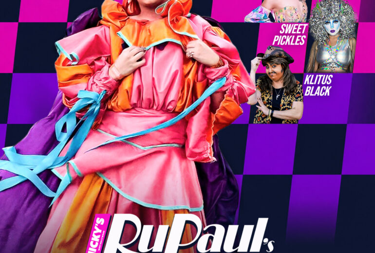 Promotional poster for Micky’s West Hollywood RuPaul’s Drag Race All Stars Watch Party on Friday, June 26th at 8PM. Text includes 7PM Meet and Greet, 8PM Watch Party, and 9:30PM Drag Shows. Hosted by Divos and featuring Lorelei, Sweet Pickles, and Klitus Black. Design features a bold purple and black checkerboard background with bright orange accents and performers in colorful drag looks. Venue listed as 8857 Santa Monica Blvd, West Hollywood, CA 90069.
