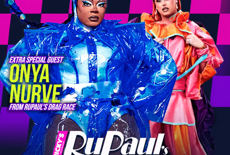 Promotional poster for RuPaul’s Drag Race All Stars Watch Party at Micky’s West Hollywood on Friday, July 10th. Event starts at 7PM with a meet and greet, 8PM watch party, and 9:30PM drag shows. Hosted by Divos with special guest Onya Nurve from RuPaul’s Drag Race. Colorful checkerboard background with two drag performers in bold blue and pink outfits. Address listed as 8857 Santa Monica Blvd, West Hollywood, CA 90069.