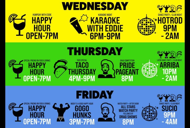 Bright yellow Wednesday schedule graphic for Micky’s West Hollywood featuring a microphone icon and the text 'Karaoke with Eddie 6PM–9PM,' promoting a weekly karaoke night event.