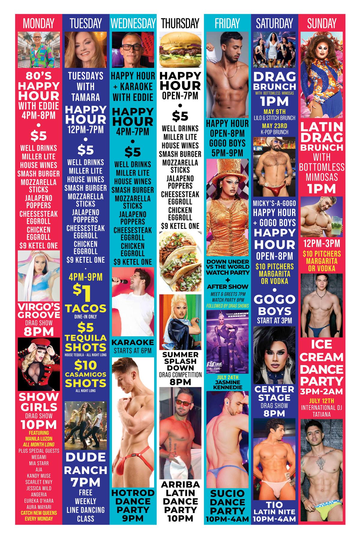 Colorful weekly events schedule for Micky's West Hollywood listing daily happy hours, drag shows, brunches, dance parties, and go-go boys from Monday to Sunday.