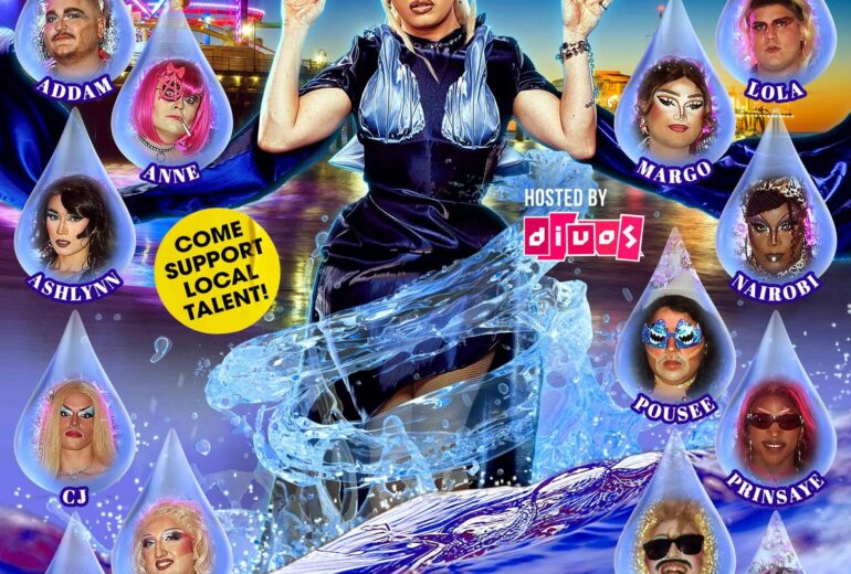 Poster for Summer Splash Down Competition at Micky's West Hollywood featuring a central drag performer with water splash effects, supporting cast members in water drop frames, and text highlighting Thursdays at 8PM with $100 weekly prize and $500 grand prize.
