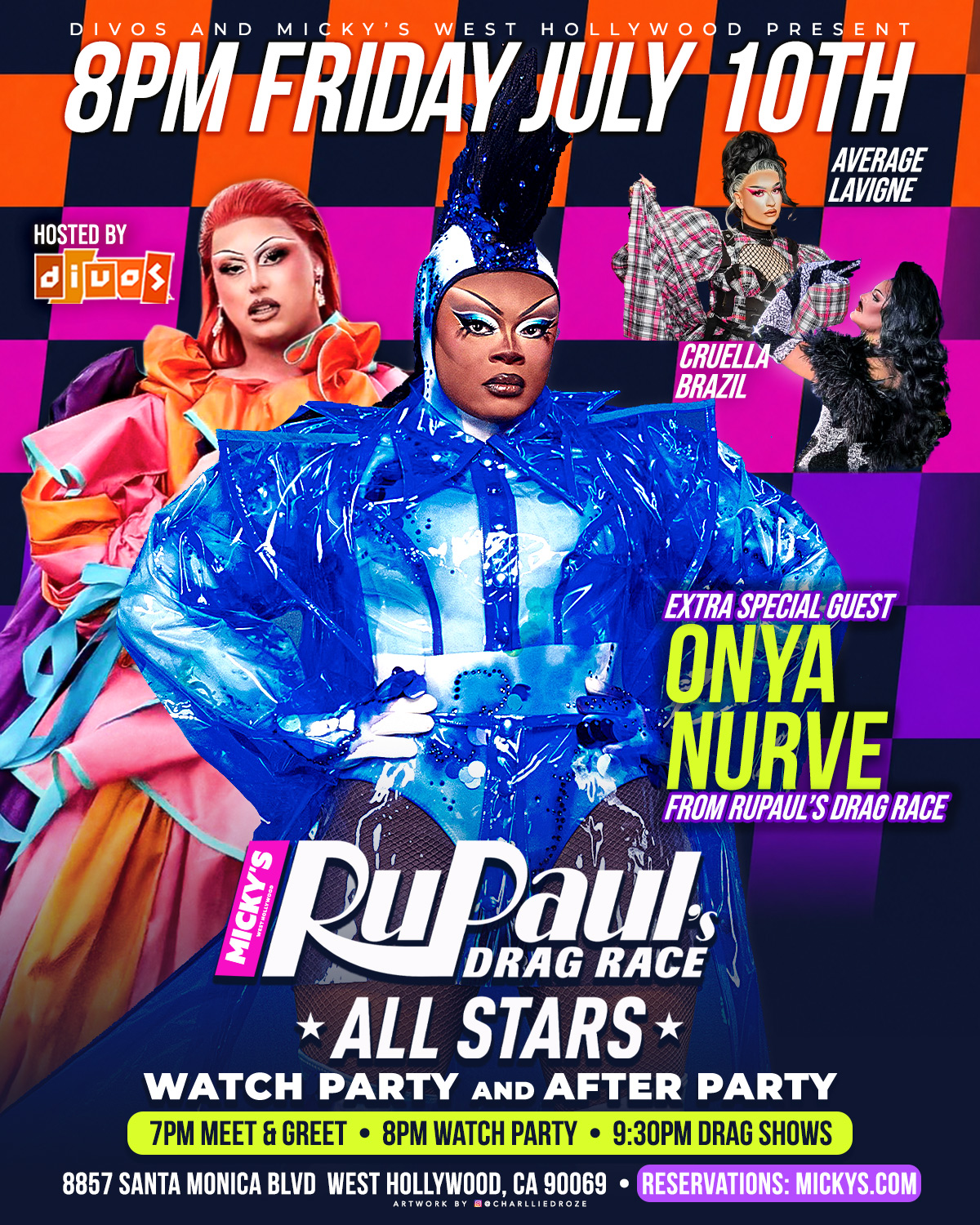 Promotional poster for RuPaul's Drag Race All Stars Watch Party and After Party at Micky's West Hollywood on Friday, July 10, 2026. 7PM meet and greet, 8PM watch party, 9:30PM drag shows. Hosted by DIVOS with extra special guest Onya Nurve from RuPaul's Drag Race, plus Cruella Brazil and Average Lavigne. 8857 Santa Monica Blvd, West Hollywood, CA 90069.