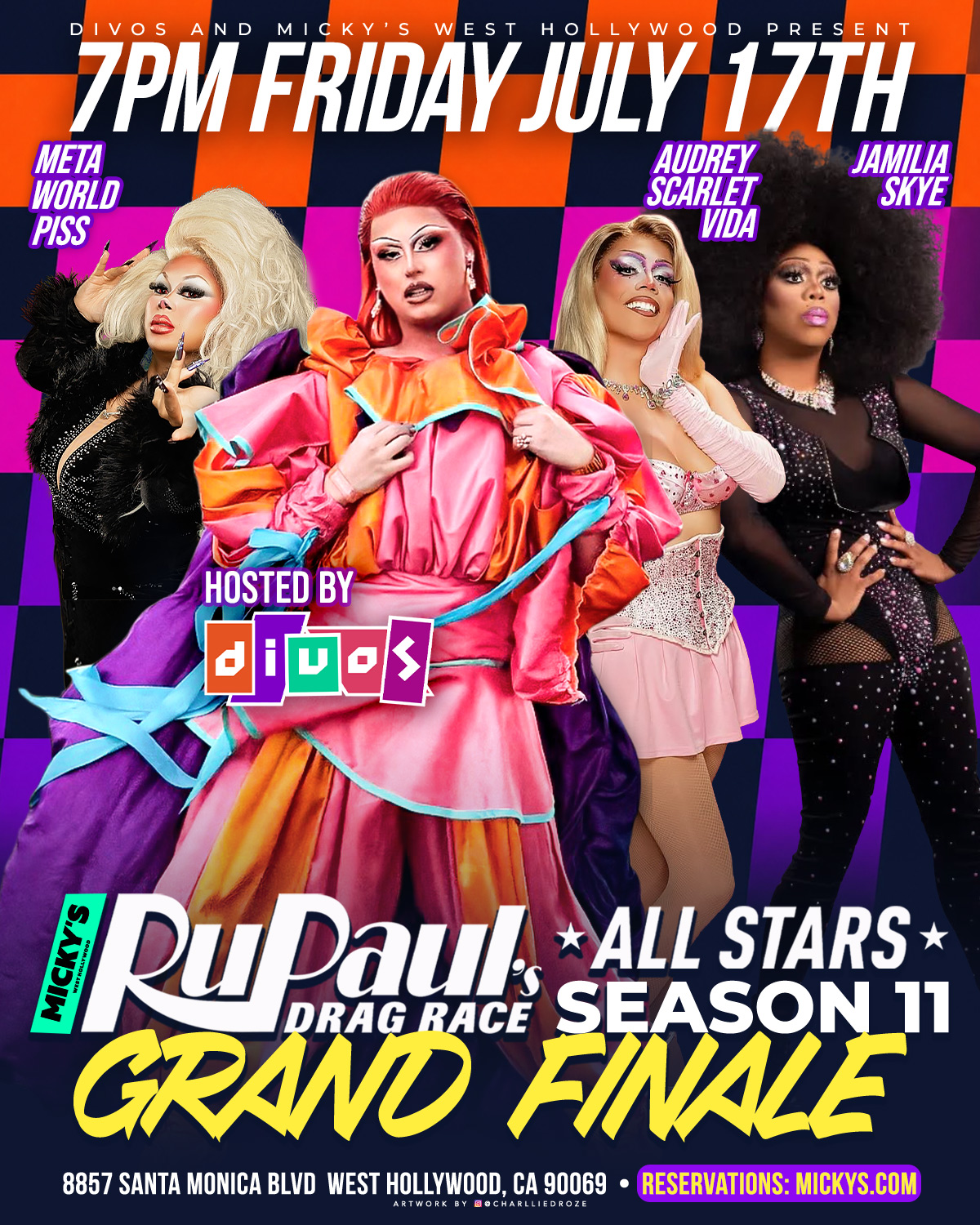 Colorful promotional poster for RuPaul’s Drag Race All Stars Season 11 Grand Finale at Micky’s West Hollywood on Friday, July 17 at 7 PM. The design features bold orange and purple checkerboard graphics with photos of drag performers Meta World Piss, Audrey Scarlet Vida, and Jamilia Skye, hosted by Divos. Text includes the venue address at 8857 Santa Monica Blvd, West Hollywood, CA 90069.