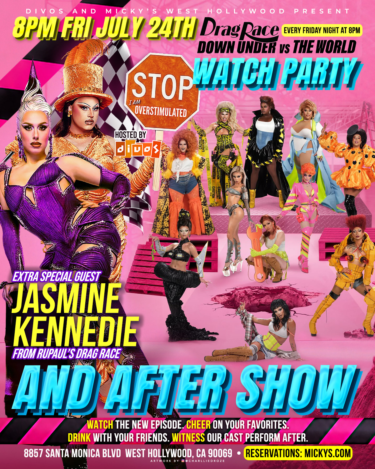 Colorful event poster for Micky’s West Hollywood promoting an 8PM Friday July 24th Drag Race Down Under vs The World Watch Party. The design features multiple drag performers in bold, vibrant outfits, a checkered race motif, and large text reading “Watch Party” and “And After Show.” It highlights special guest Jasmine Kennedie and notes the event is every Friday night at 8PM. Venue address listed as 8857 Santa Monica Blvd, West Hollywood, CA 90069.