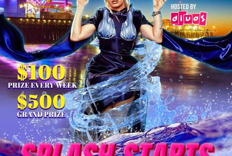 Promotional poster for Summer Splash Down drag competition at Micky’s West Hollywood starting Thursday, July 16. The design features a drag performer with styled blonde hair and flowing blue fabric surrounded by splash water effects, with a colorful pier and Ferris wheel in the background at sunset. Text highlights $100 prize every week, $500 grand prize, hosted by Divos, and tickets available at mickys.com. Venue listed as 8857 Santa Monica Blvd, West Hollywood, CA 90069.