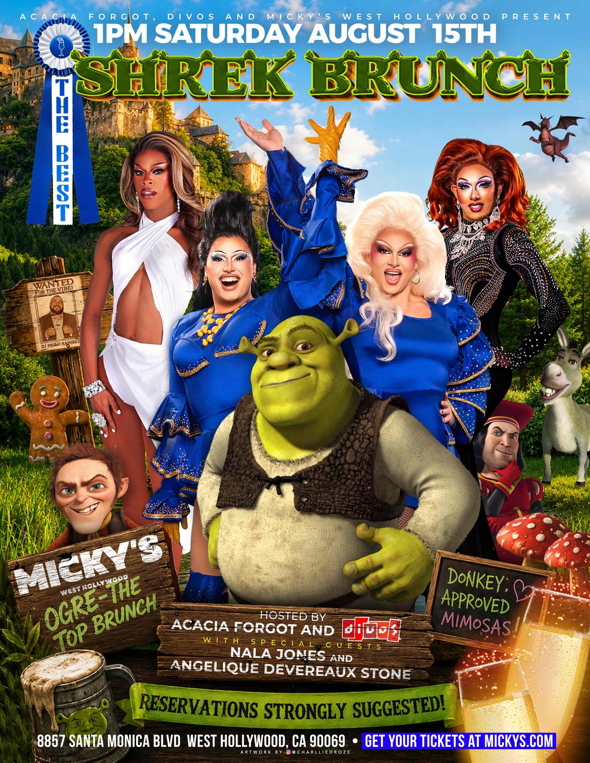 Promotional flyer for “Shrek Brunch” at Micky’s West Hollywood, happening at 1PM on Saturday, August 15th. The design features Shrek and other fairytale characters in a fantasy forest setting alongside four drag performers in glamorous costumes. Text highlights hosts Acacia Forgot and Divos, special guests Nala Jones and Angelique Devereaux Stone, DJ Paulo Ramirez, Donkey-approved mimosas, and reservations strongly suggested. Venue address listed as 8857 Santa Monica Blvd, West Hollywood, CA 90069.
