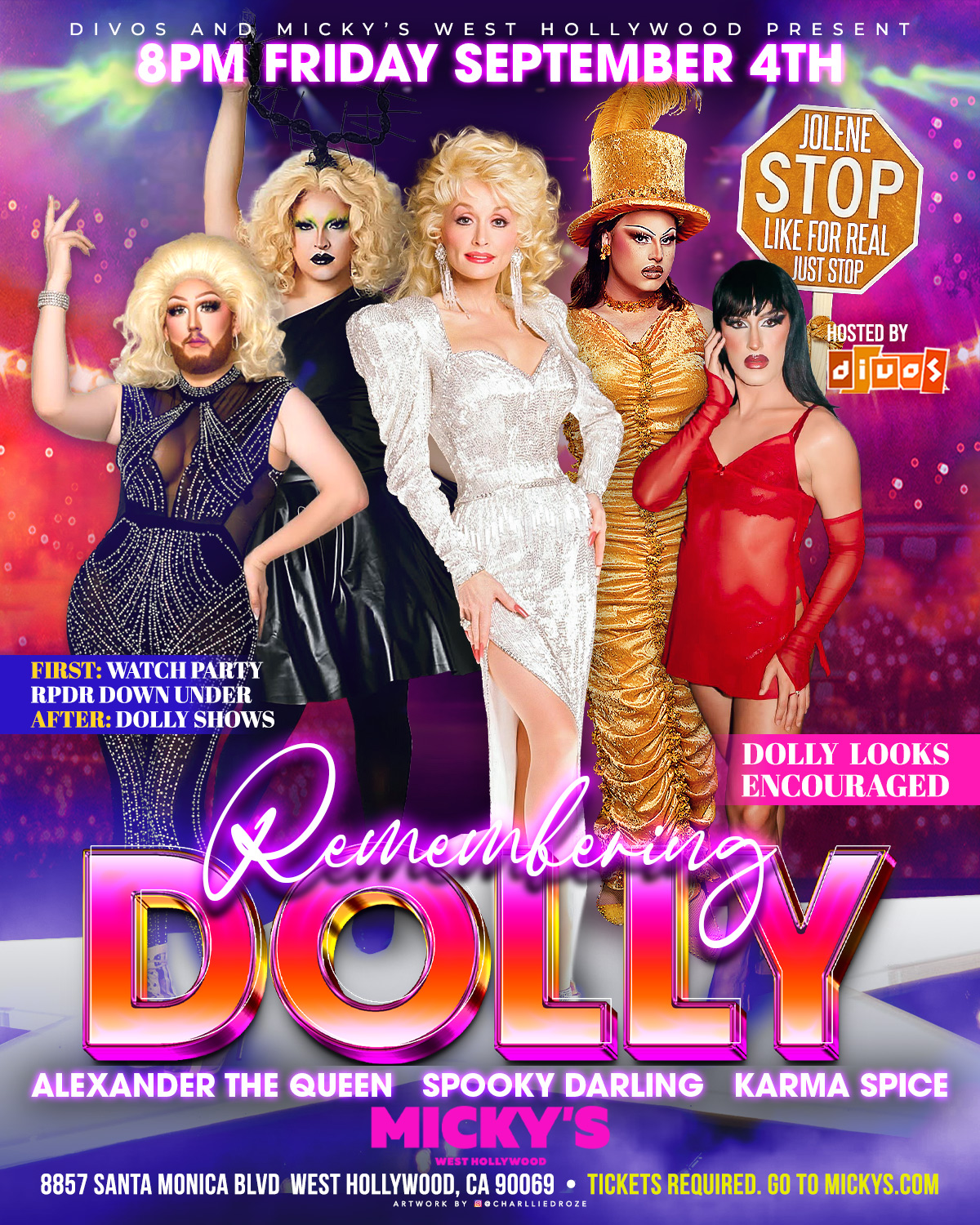 Event poster for “Remembering Dolly” at Micky’s West Hollywood. Large text reads “8PM Friday September 4th.” Five drag performers pose in Dolly-inspired blonde wigs and glittery outfits against a purple club-light background. Callouts include “First: Watch Party RPDR Down Under,” “After: Dolly Shows,” and “Dolly looks encouraged.” A sign reads “Jolene stop like for real just stop.” Hosted by Divos. Performers listed: Alexander The Queen, Spooky Darling, and Karma Spice. Footer shows address 8857 Santa Monica Blvd, West Hollywood, CA 90069 and “Tickets required. Go to mickys.com.”