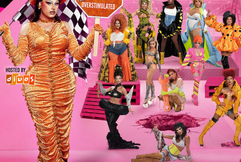 Bright pink promotional graphic for Micky’s West Hollywood featuring ‘Fridays at 8PM Drag Race Down Under vs The World Watch Party’ starting Friday July 24th, with images of drag performers, bold neon text, and venue address 8857 Santa Monica Blvd, West Hollywood, CA 90069.