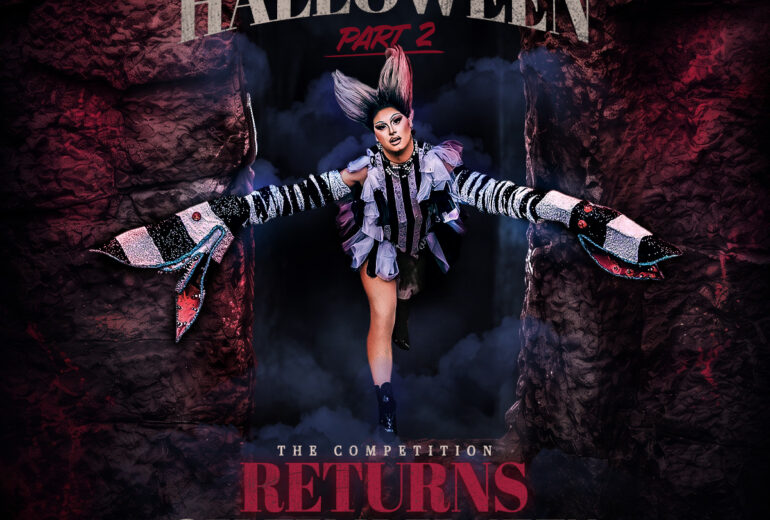 Flyer for “Queen of Halloween: Part 2,” presented by Divos and Micky’s West Hollywood. Dark, spooky design with rocky textures and red/gray typography, featuring a drag performer in dramatic makeup and a high, horn-like hairstyle emerging through smoke with outstretched arms. Text reads: “The competition returns September 17th.” Includes “Message @Divos today to secure your audition spot” and Micky’s address: 8857 Santa Monica Blvd, West Hollywood, CA 90069.