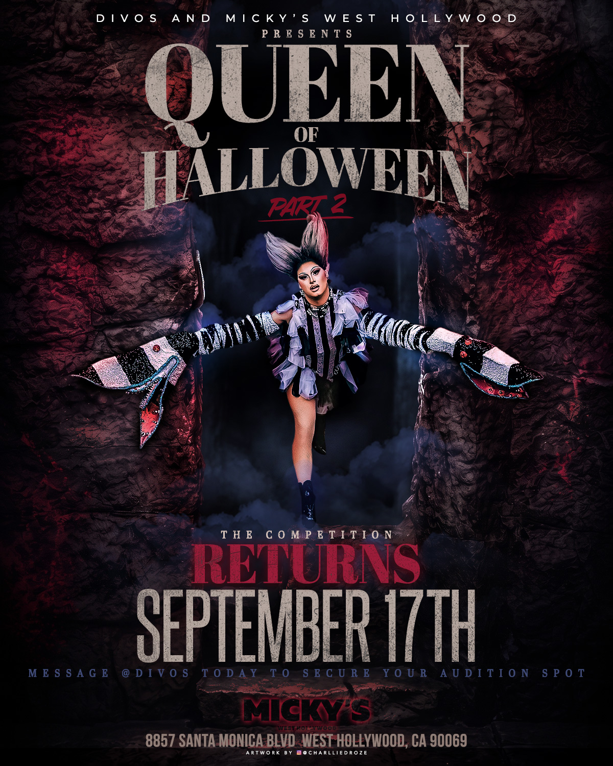 Flyer for “Queen of Halloween: Part 2,” presented by Divos and Micky’s West Hollywood. Dark, spooky design with rocky textures and red/gray typography, featuring a drag performer in dramatic makeup and a high, horn-like hairstyle emerging through smoke with outstretched arms. Text reads: “The competition returns September 17th.” Includes “Message @Divos today to secure your audition spot” and Micky’s address: 8857 Santa Monica Blvd, West Hollywood, CA 90069.