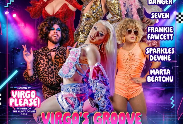 Neon 80s-themed party poster for Micky’s West Hollywood: “Virgo’s Groove 80s Night” at 8 PM Monday August 31. Features five performers in colorful glam looks on a club stage background. Text lists special guests Kat Danger, Seven, Frankie Fawcett, Sparkles Devine, and Marta Beatchu. Hosted by Virgo, Please! Address shown: 8857 Santa Monica Blvd, West Hollywood, CA 90069, with a note to reserve at mickys.com.