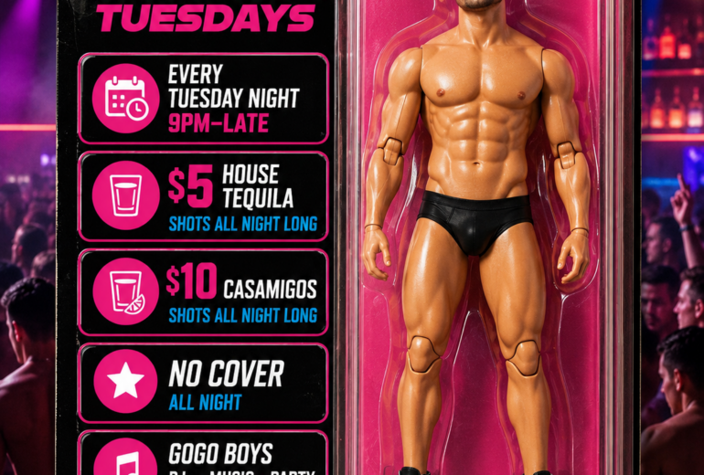 Promo graphic for Micky’s West Hollywood “Toy Boy Tuesdays” styled like an action figure in plastic packaging. The figure is labeled “J.D.” and the package includes playful callouts like “Make him dance,” “Get him tipsy,” and “He loves tequila,” with “Collect Them All!” at the bottom. No date or time listed.