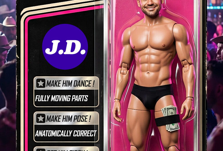 Promo graphic for Micky’s West Hollywood “Toy Boy Tuesdays” styled like an action figure in plastic packaging. The figure is labeled “J.D.” and the package includes playful callouts like “Make him dance,” “Get him tipsy,” and “He loves tequila,” with “Collect Them All!” at the bottom. No date or time listed.