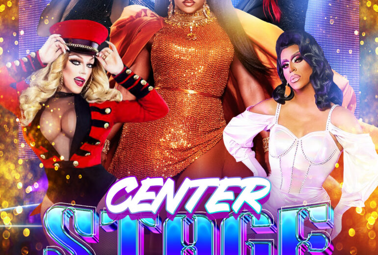 Event poster for “Center Stage” at Micky’s West Hollywood. Text reads “8PM Saturday September 19th.” Five drag performers are pictured in glamorous stage looks with bright purple-blue lighting and gold sparkle effects. Bottom text lists: Hosted by Morgan McMichaels; featuring Mariah Paris Balenciaga, Vita VonTeese Starr, Jessica Wild, and Pandora Boxx. Address shown: 8857 Santa Monica Blvd, West Hollywood, CA 90069, with “Get tickets at mickys.com.”