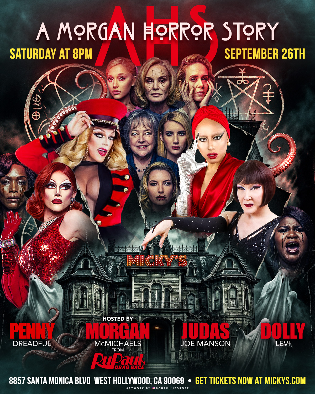 Event poster for A Morgan Horror Story at Center Stage, Micky's West Hollywood, Saturday September 26th at 8PM. Hosted by Morgan McMichaels from RuPaul's Drag Race, with Penny Dreadful, Judas Joe Manson and Dolly Levi.