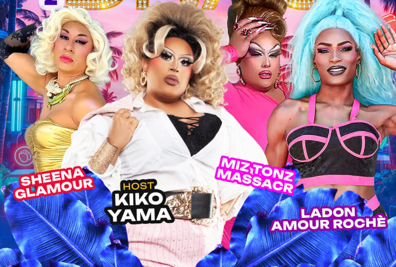 Colorful flyer for Micky’s WeHo reading “Brunch with the Divas” with a sunset sky and palm trees. Shows four drag performers and text: 1PM Saturday Sept 19th. Host Kiko Yama, featuring Sheena Glamour, Miz Tonz Massacr, and Ladon Amour Rochë, with DJ Paulo Ramirez. Mentions bottomless mimosas and “perfect for large groups: birthdays, bachelorettes & more.” Address: 8857 Santa Monica Blvd, West Hollywood, CA 90069 and reservations at mickys.com.